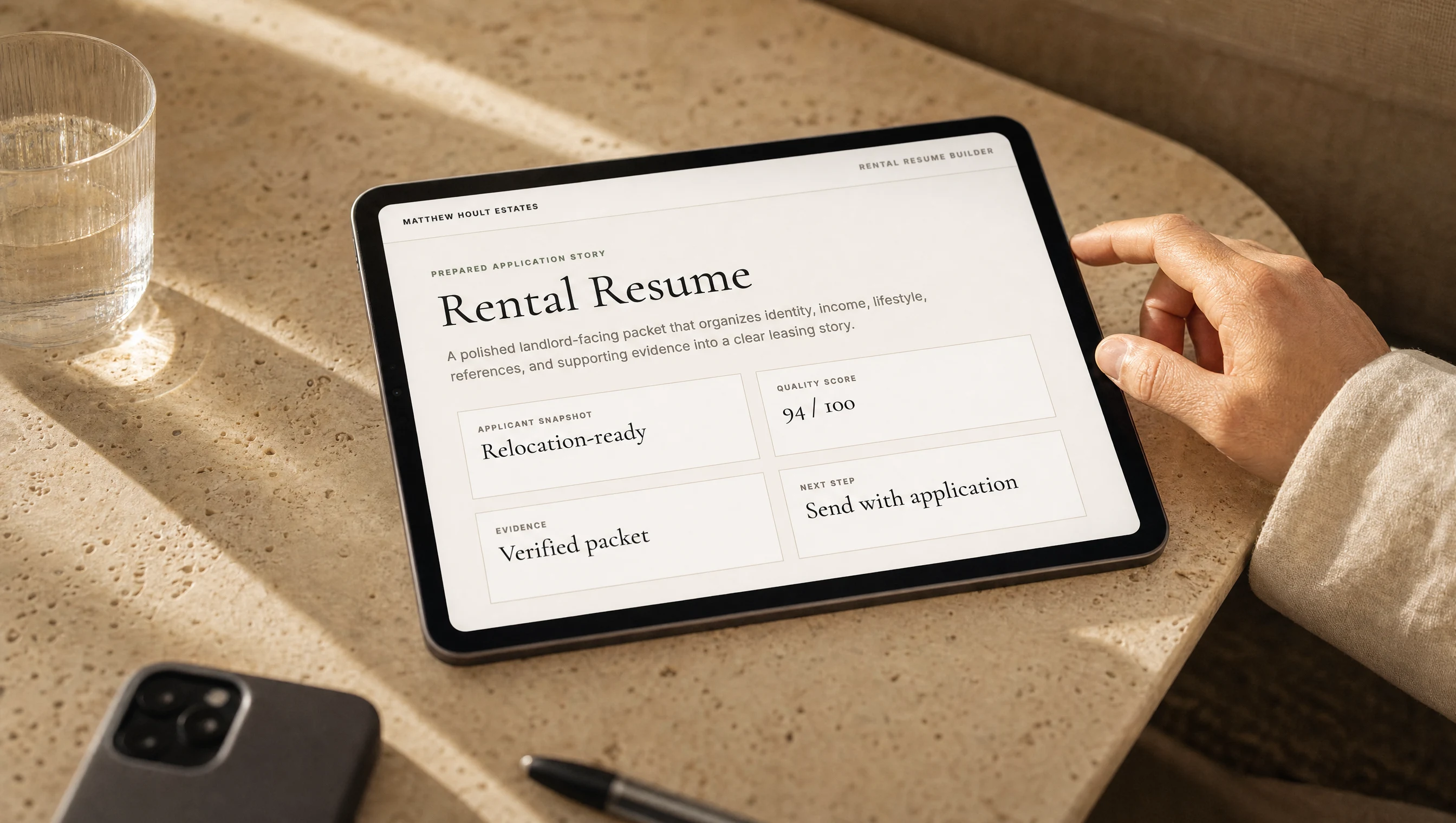 Close iPad mockup showing a branded Rental Resume screen with quality score and application summary