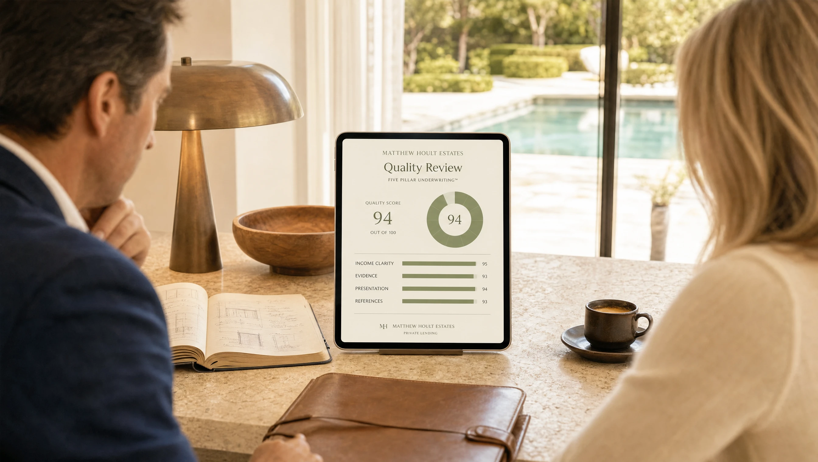 Tablet showing a brighter Matthew Hoult Estates Quality Review score for a rental application