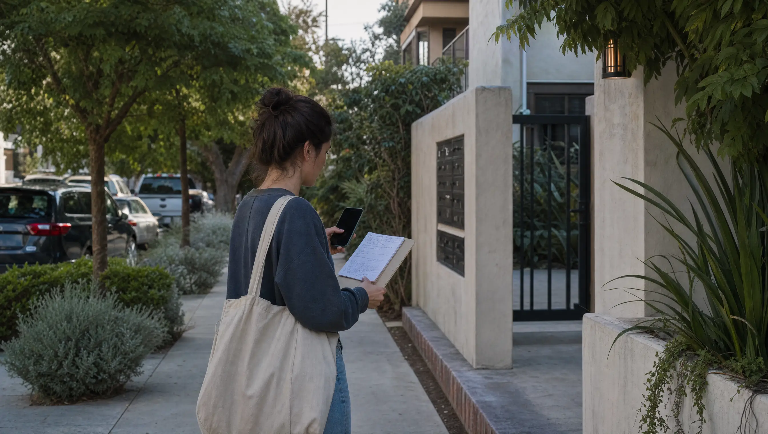 Renter reviewing an apartment shortlist outside a Los Angeles building during an offline rental search