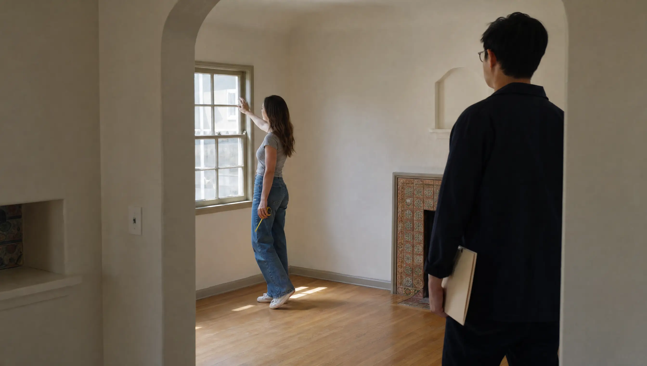 Two renters evaluating window light and room flow during a Los Angeles showing