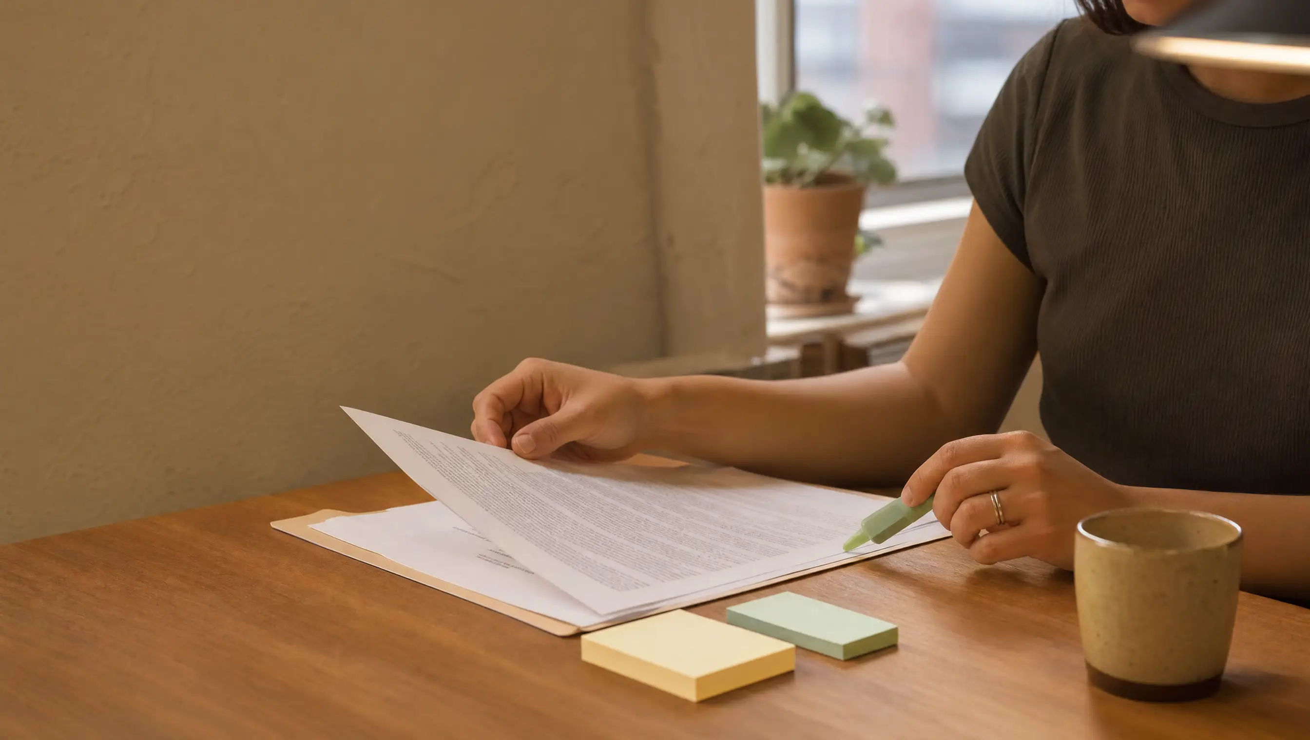 Tenant reviewing lease documents and notes at a warm Los Angeles apartment table
