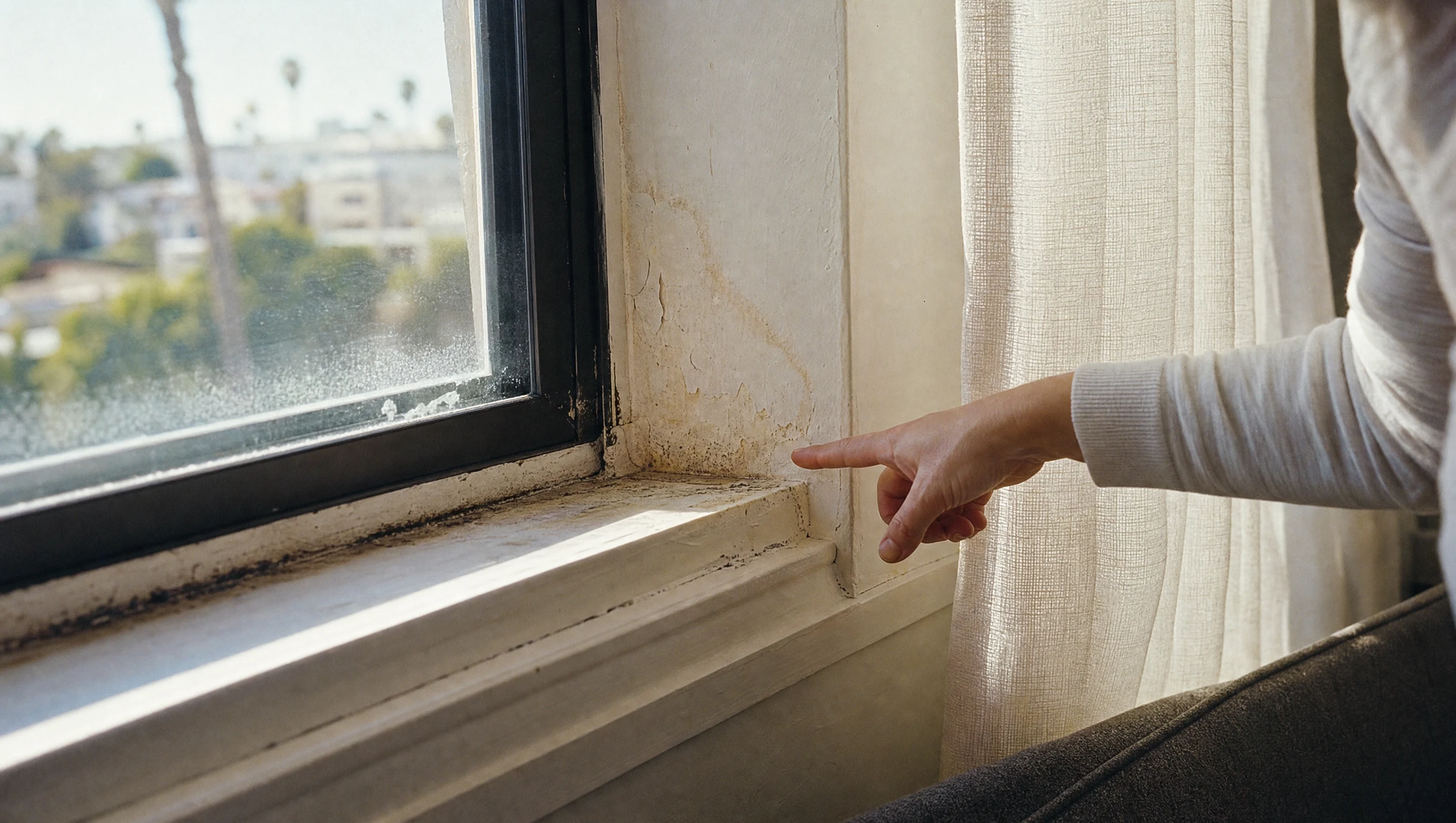 Early moisture damage around a window with staining, peeling paint, condensation, and dark speckling along the sill