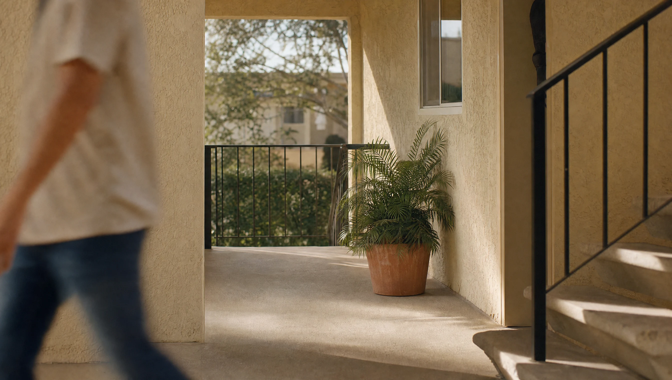 Well-maintained Los Angeles apartment common area in warm daylight
