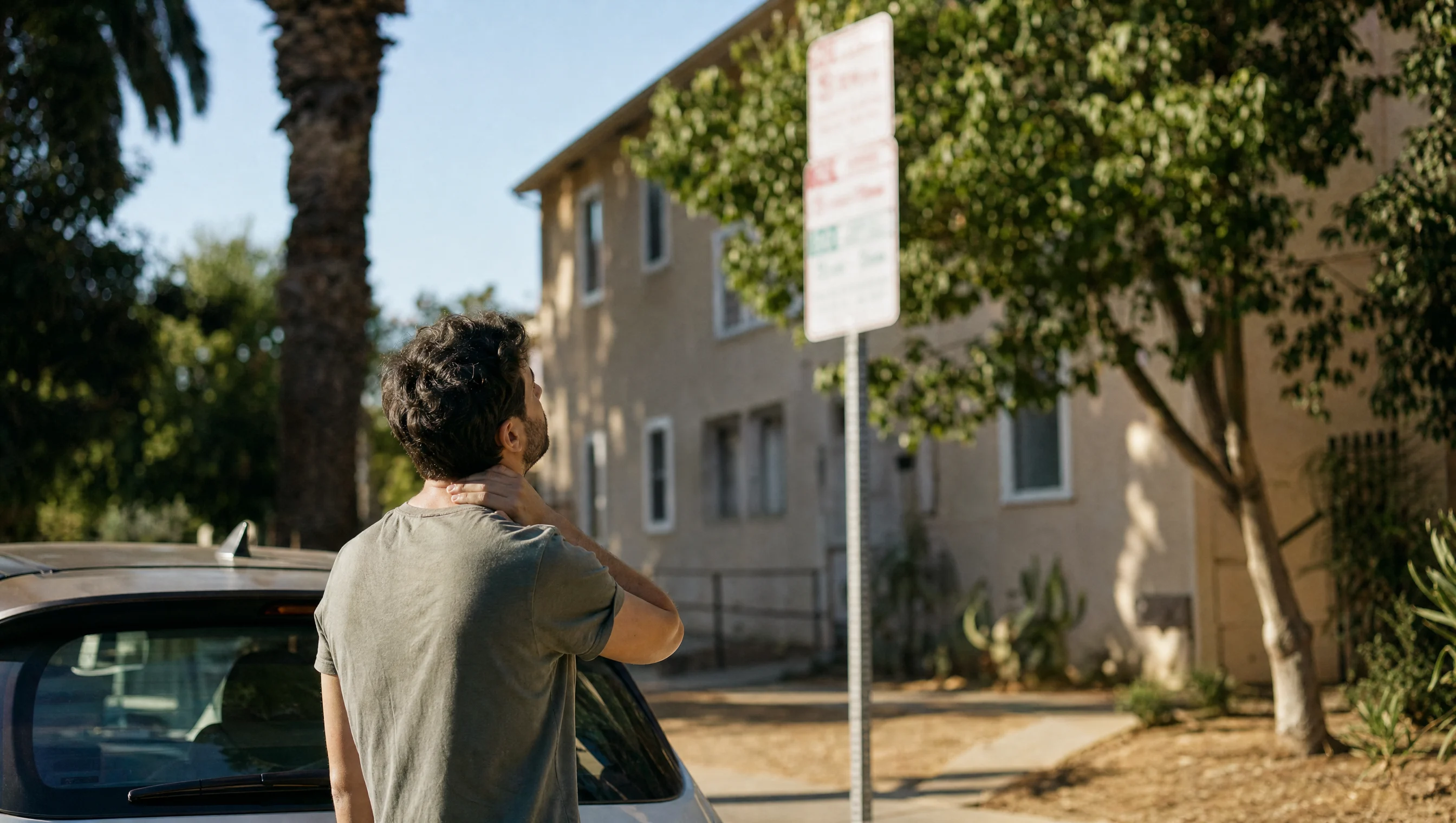 Renter looking up at a Los Angeles parking sign on a sunlit residential street