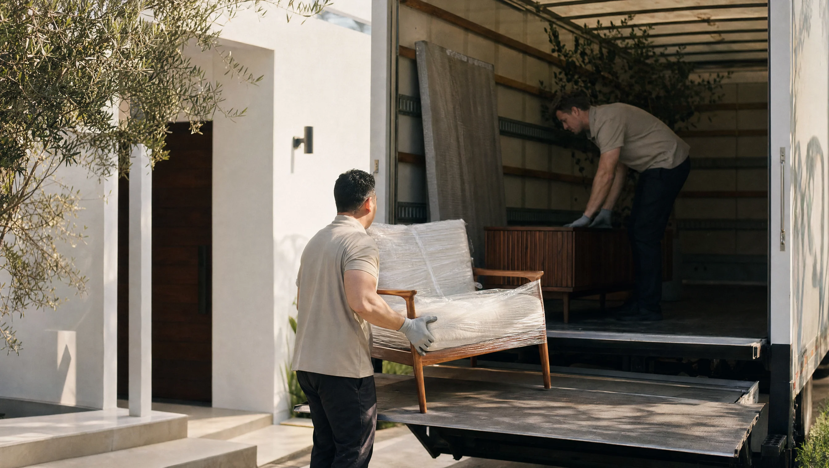 Professional movers carefully loading wrapped furniture into an unbranded truck outside a contemporary Los Angeles home