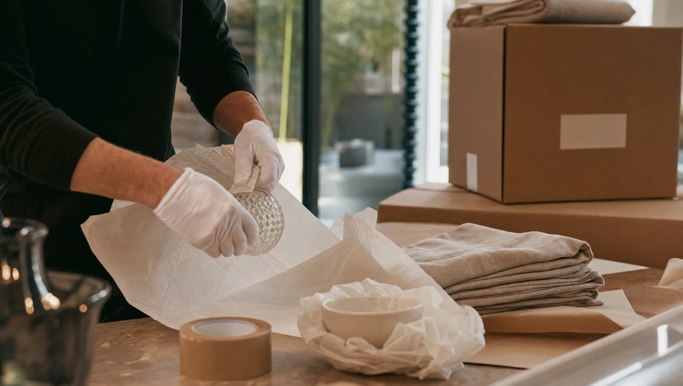 Concierge packing service wrapping glassware beside organized moving boxes in a refined Los Angeles apartment