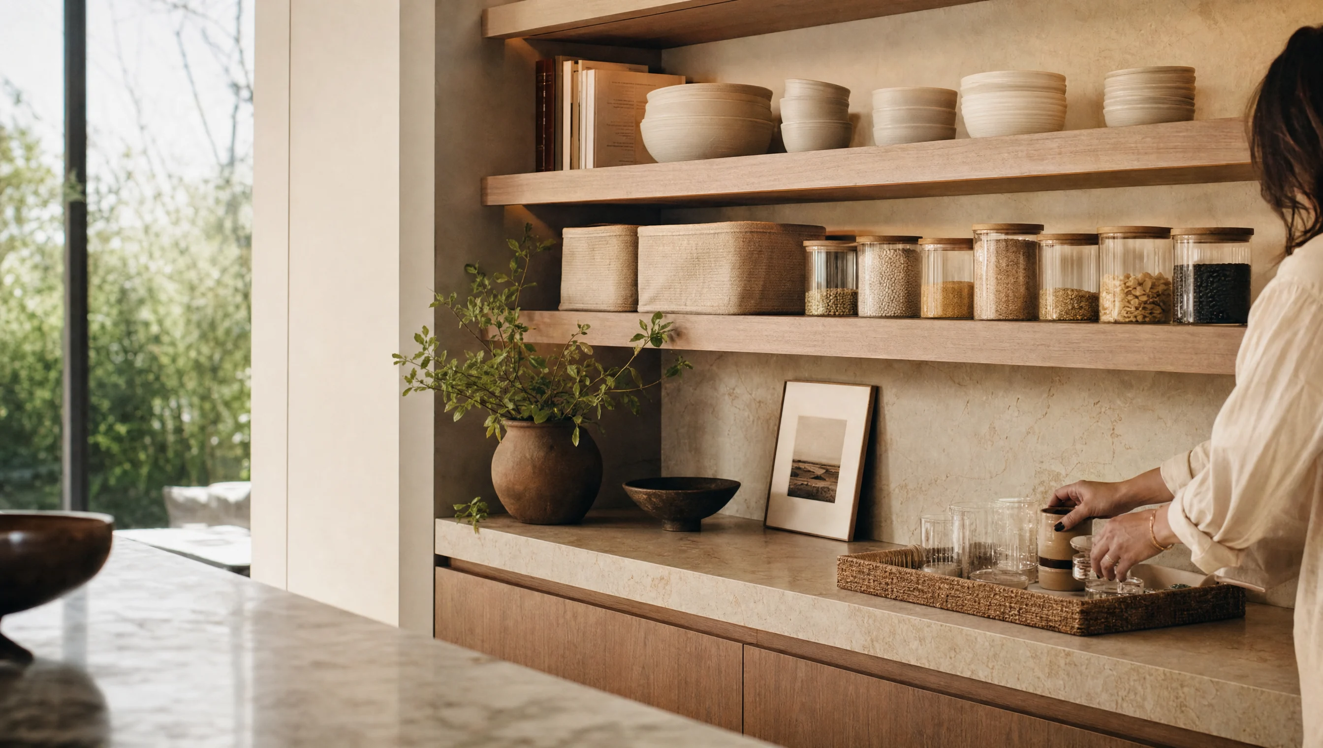 Professional organizer arranging pantry shelves in a warm minimalist Los Angeles kitchen