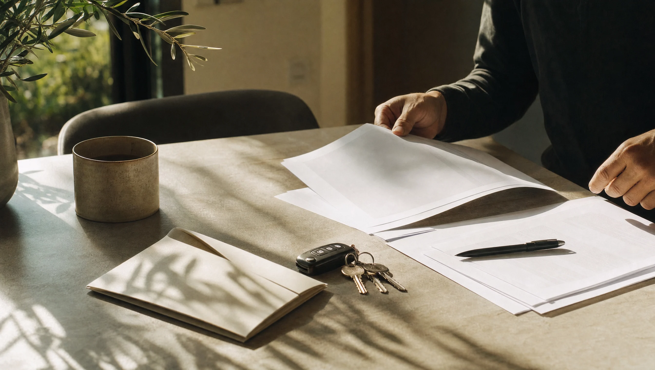 Lease paperwork, keys, and rental documents arranged on a sunlit Los Angeles apartment table