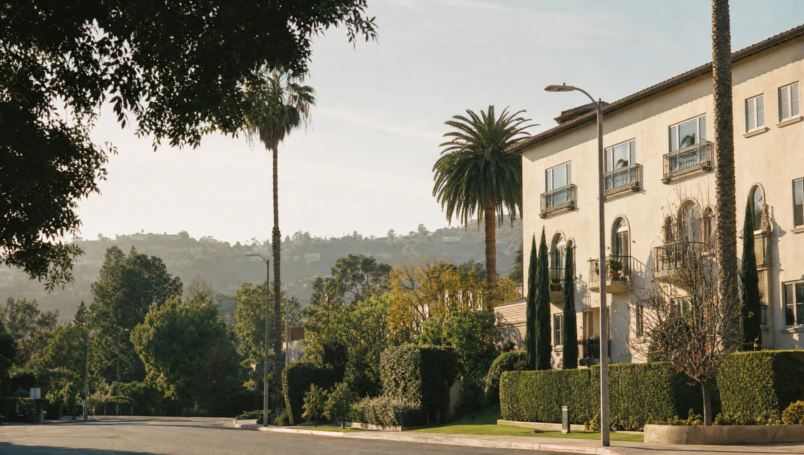 Beverly Hills residential street and clipped hedges