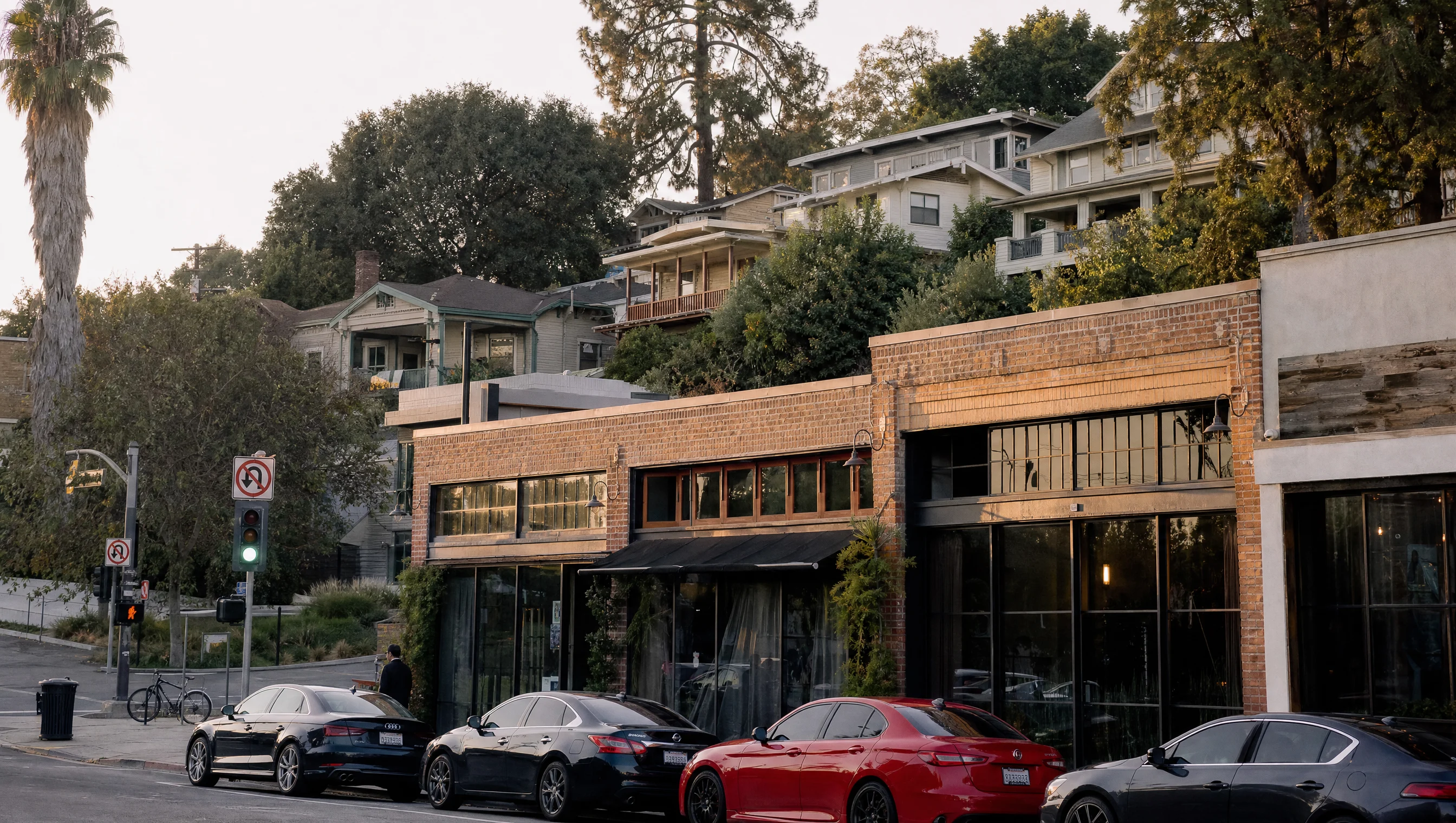 Highland Park storefronts and hillside residential streets
