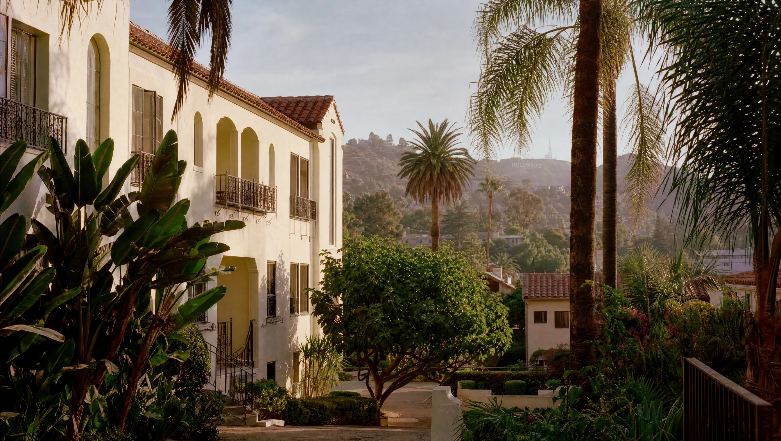 Hollywood residential courtyard and hills beyond