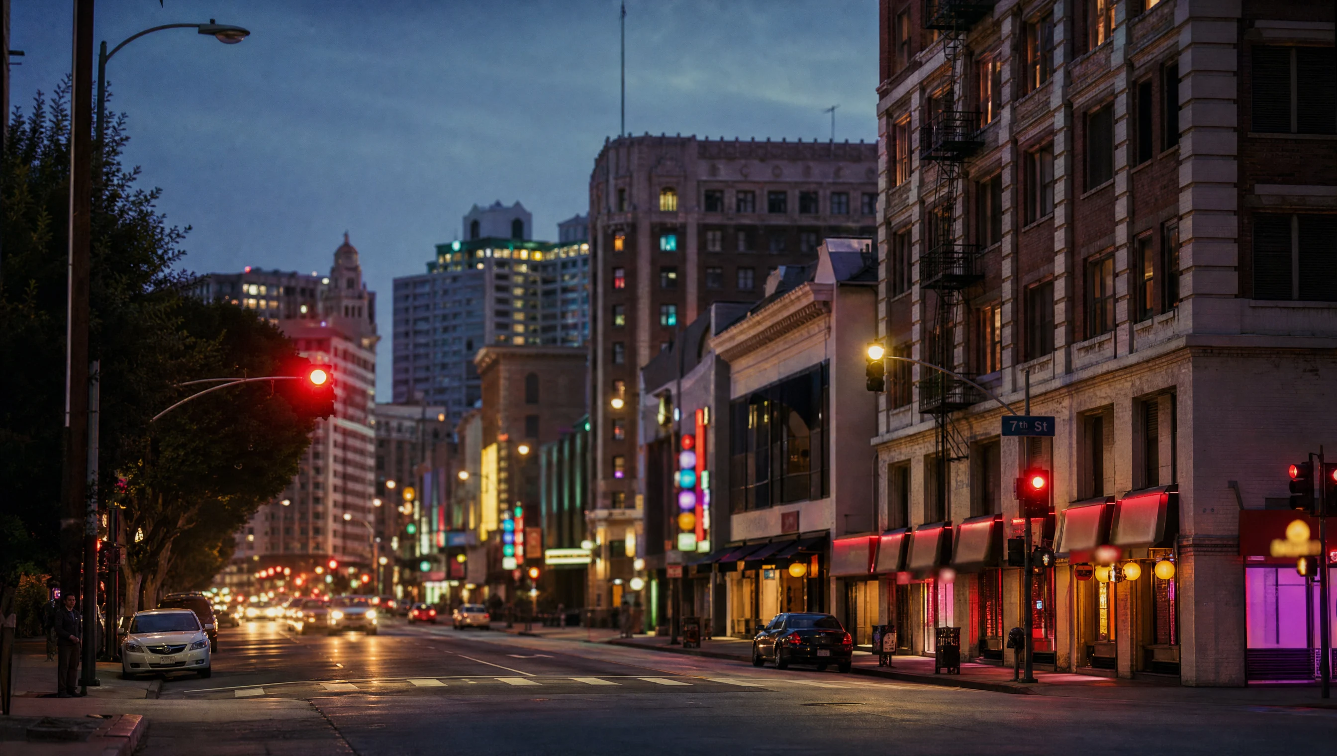 Koreatown urban apartments and blue-hour street life