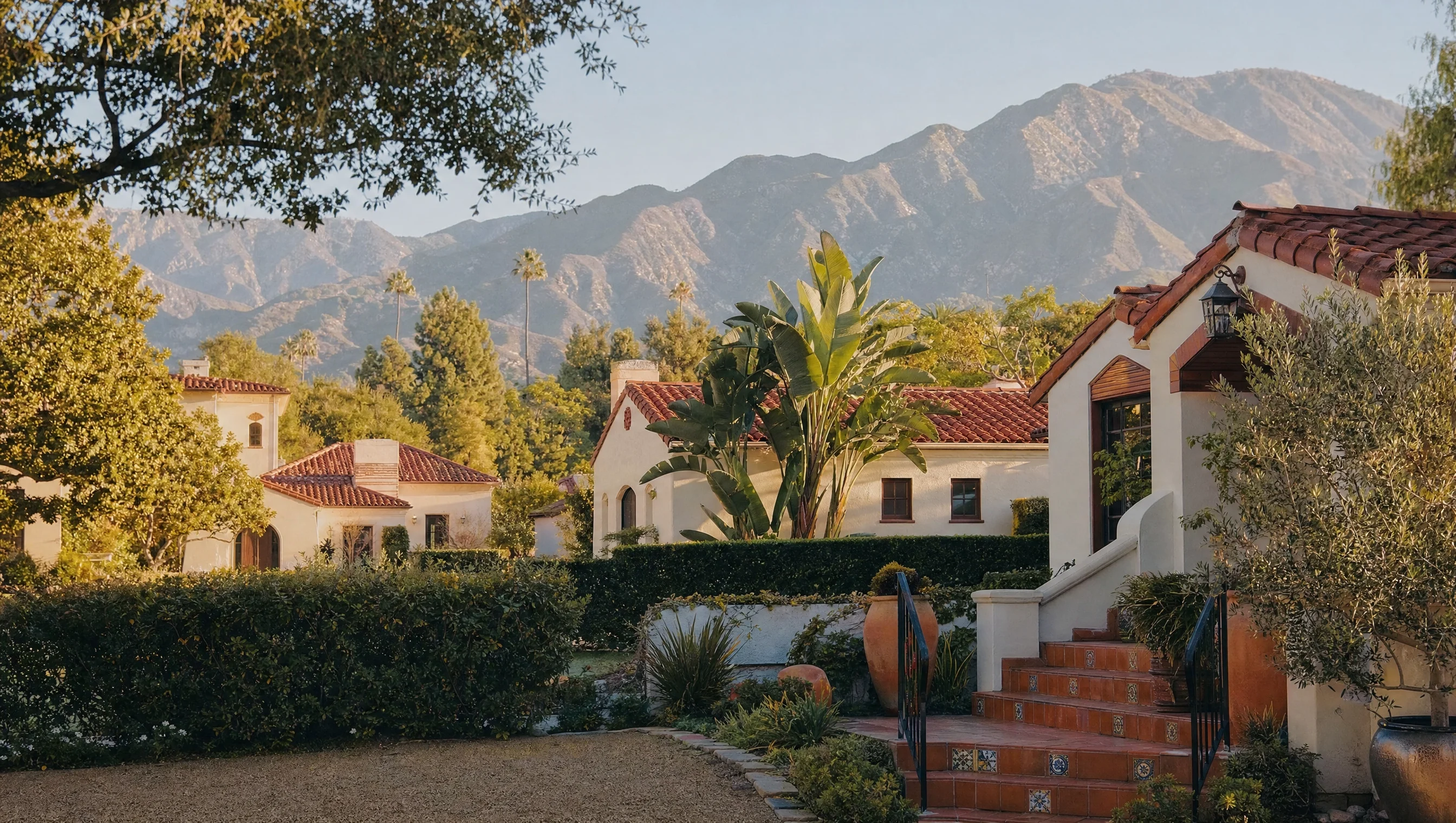 Pasadena courtyard homes and mountain backdrop