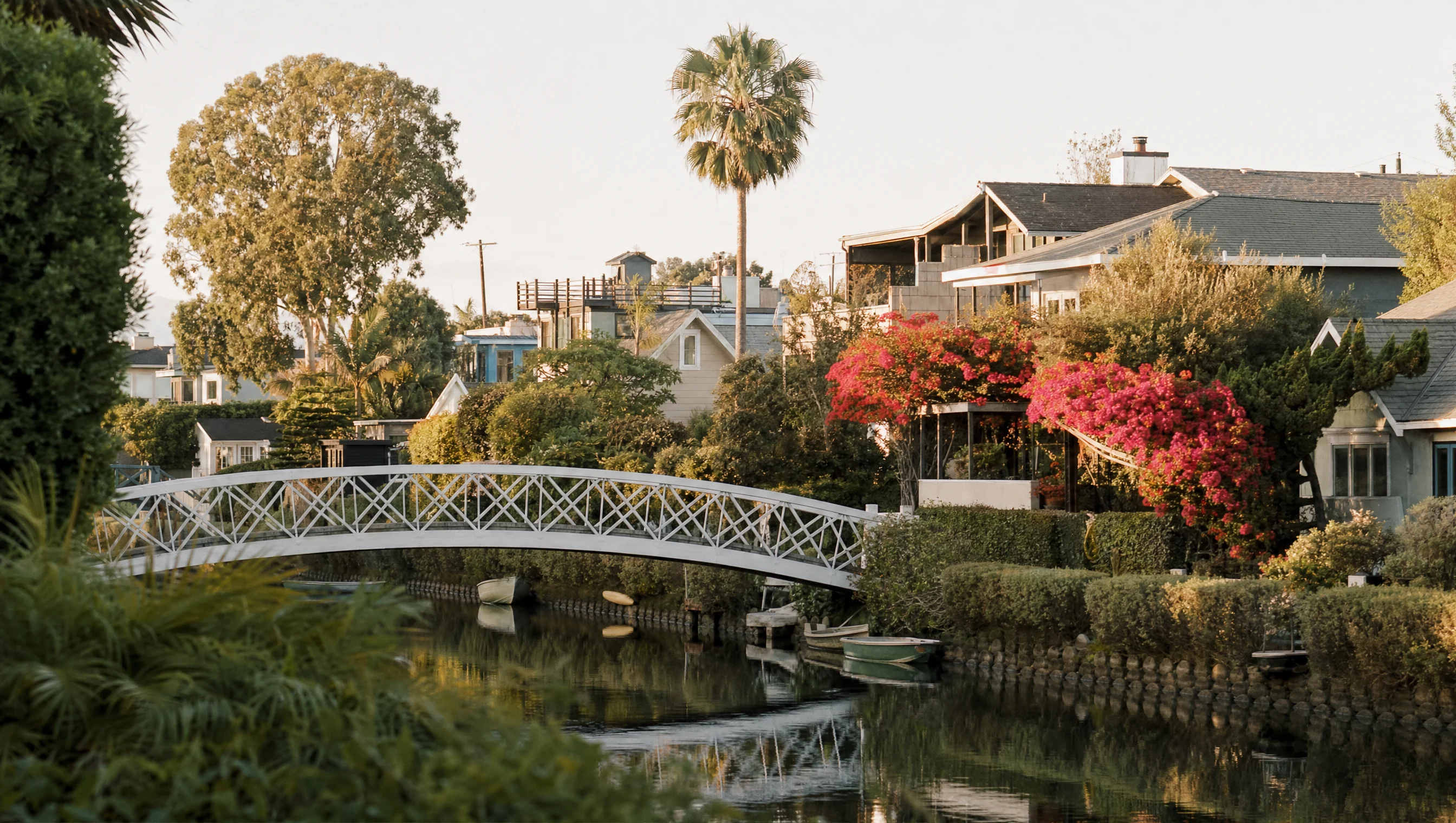 Venice canals and residential bungalows in warm light
