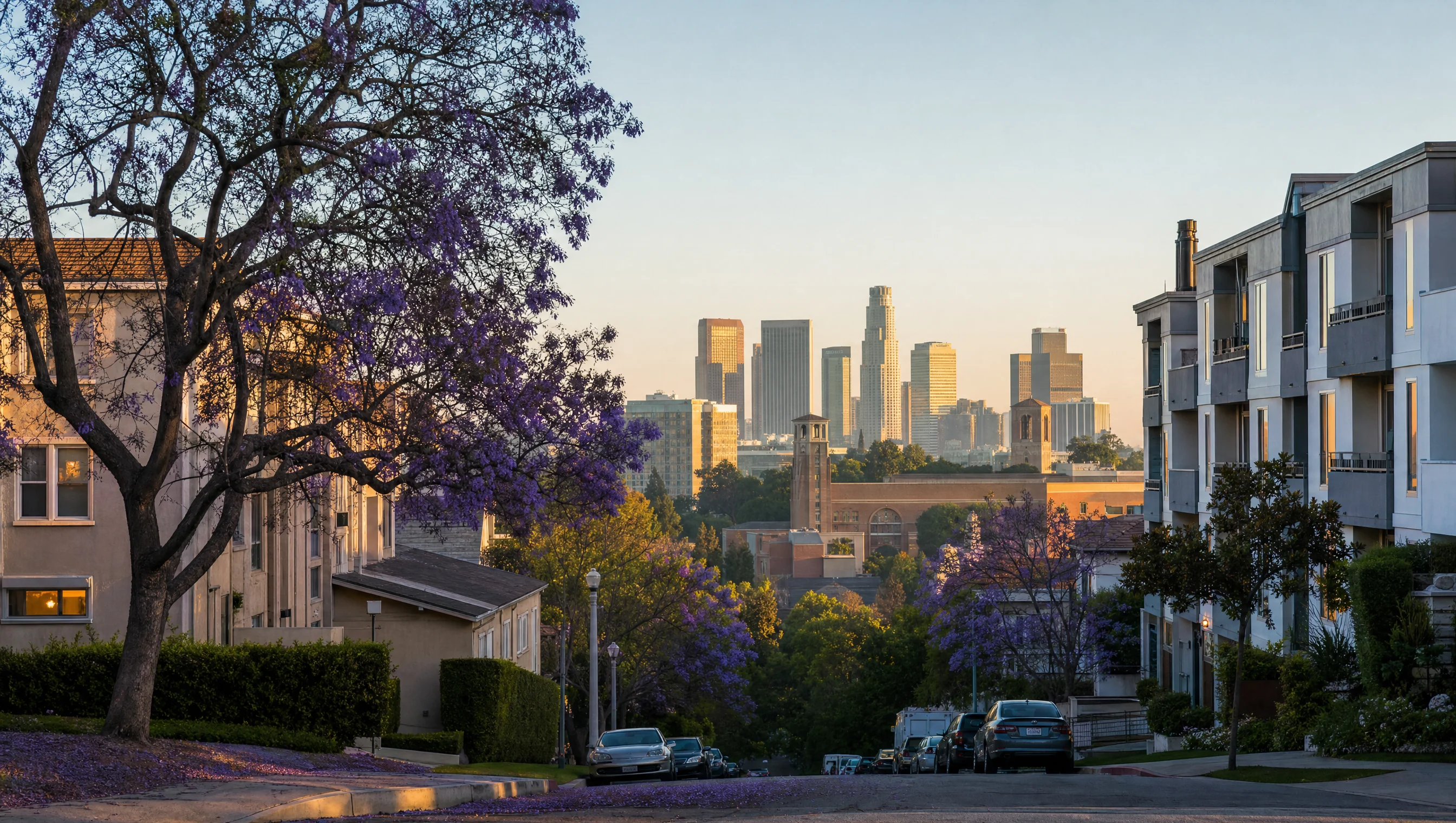 Westwood residential street with city towers beyond